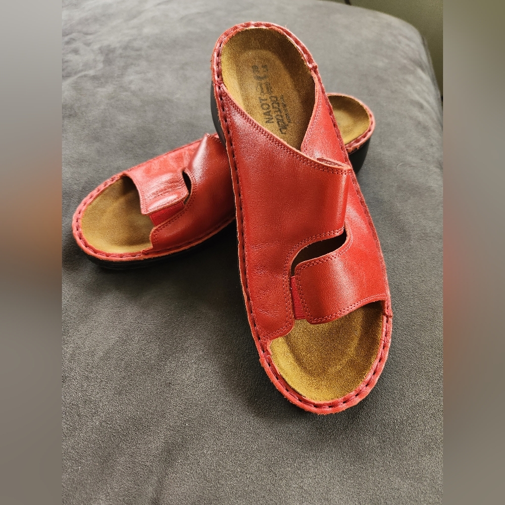 NAOT Red Leather Double Strap Slide Sandals, EU 39